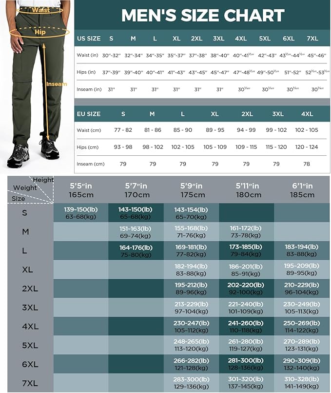 Wespornow Men's-Convertible-Hiking-Pants Quick Dry Lightweight Zip Off Breathable Cargo Pants for Outdoor, Fishing, Safari