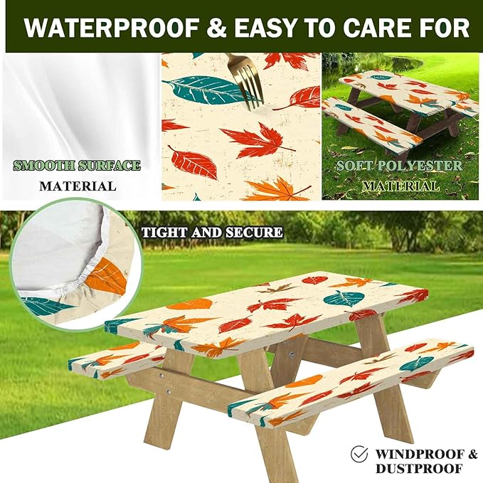 CAPSCEOLL Fitted Picnic Table Cover with Bench Covers with Elastic 8Ft Waterproof Camping Picnic Table Cover Cloths for Outdoors Camping Tablecloth with Drawstring Bag, 96X30in, Maple Leaf