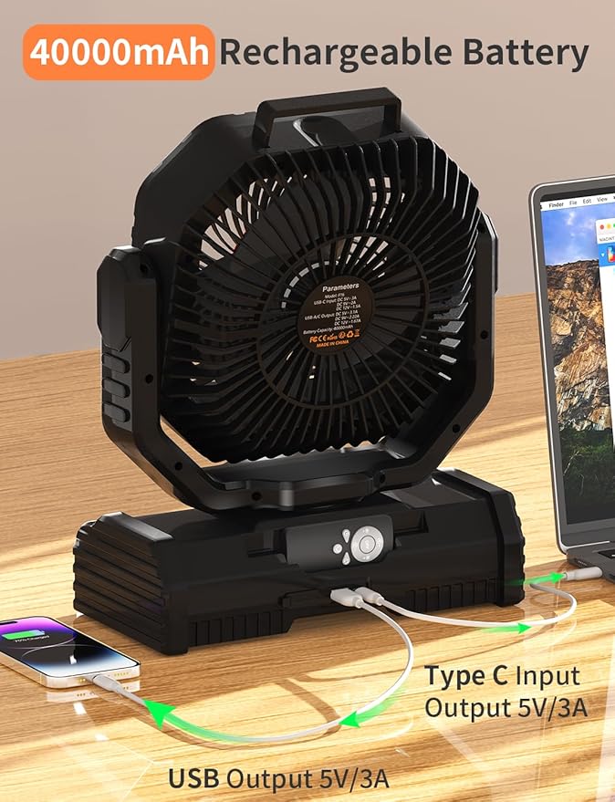 12 Inch Camping Fan,40000mAh Portable Fan with LED Lantern Light,Cool white & Warm White Dimmable Fans, Oscillating Fan with 360° Rotation Hanging Hook for Tents, Cordless USB Desk Fan(Black)