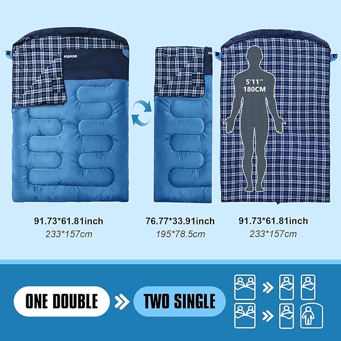 Double Sleeping Bag Flannel for Adults with 2 Pillows 2 Person Sleeping Bags Camping XXL Queen Size Two Person Sleeping Bag for Cold Weather