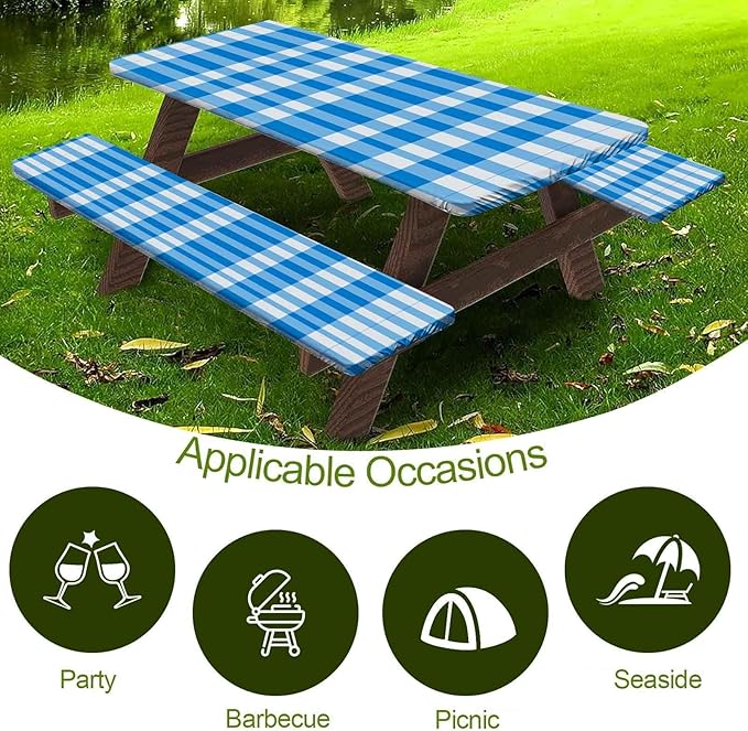 CAPSCEOLL Elastic Picnic Table Cover with Bench Covers 5Ft Waterproof Fitted Picnic Table Cover Cloths for Outdoors Camping Tablecloth with Drawstring Bag, 60X30in, Blue Checkered