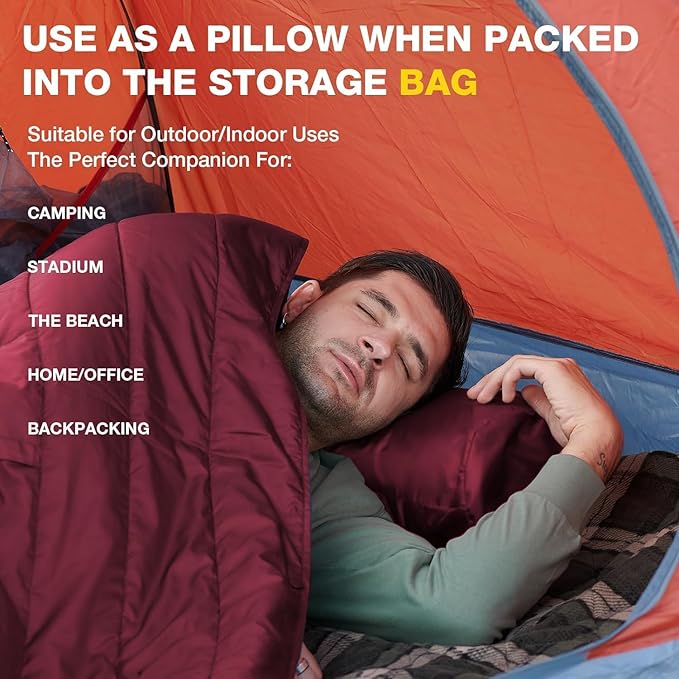 DUKUSEEK Outdoor Wearable Camping Blanket, Large Packable Backpacking Hooded Stadium Blankets, Lightweight Warm Quilt for Picnic, Hiking, Football, 79"X56", Wine Red