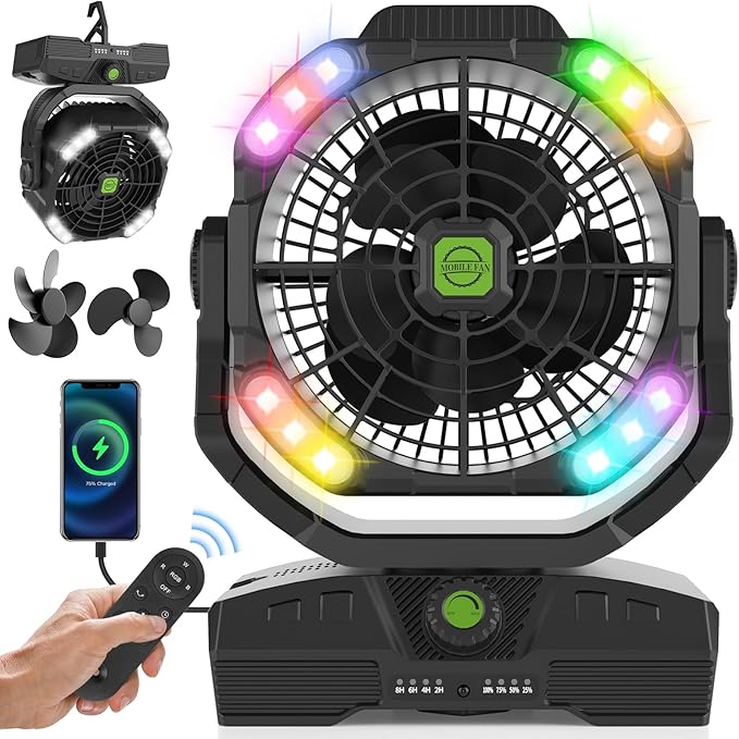 RUNTOP 20000mAh Camping Fan, Oscillating High Speed Rechargeable Battery Operated Fan w/RGB Light,Remote,Hanging Hook, Outdoor Portable Fans Battery Powered Personal USB Desk Fan for Tent, Travel