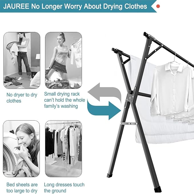 JAUREE 95 Inches Clothes Drying Rack, Drying Rack Clothing Folding Indoor Outdoor, Heavy Duty Stainless Steel Laundry Drying Rack, Foldable Portable Clothes Rack Garment Rack with 20 Hooks Black