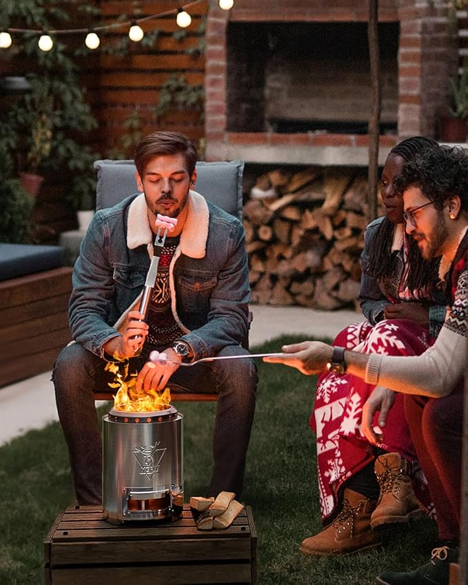 YEFU Tabletop Fire Pit 9.7 x 7.1 in, Flame Intensity Control Camping Stove for Outdoor & Patio, Fueled by Pellets or Wood, Safe Burning Table Top Firepit, with Travel Bag & 2 Mini Sticks, Silver