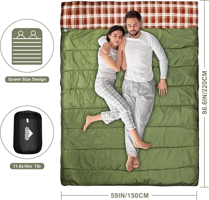 AGEMORE Cotton Flannel Double Sleeping Bag for Camping, Backpacking Or Hiking. Queen Size 2 Person Waterproof Sleeping Bag for Adults Or Teens. Lightweight with Compression Sack
