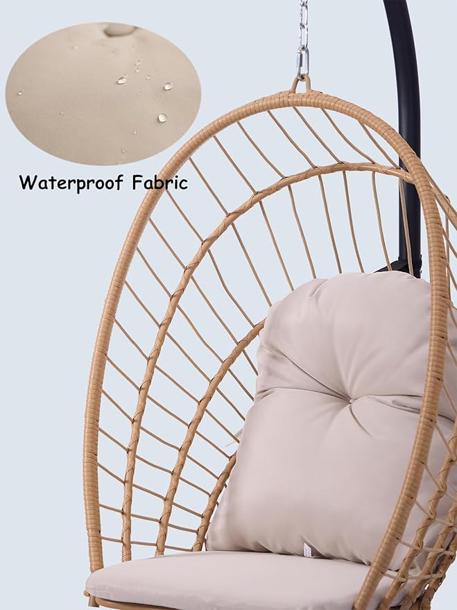 Indoor/Outdoor Egg Hanging Chair with Stand - Patio Wicker Swing Hammock Chair. 350lbs Capacity, Cushioned. Ideal for Bedroom, Balcony, Porch, Garden. Versatile Swing Chair for All Spaces
