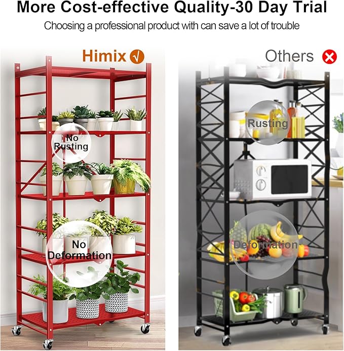 Storage Shelves with 20 Hooks, 5-Tier Foldable Shelves for Storage, Folding Utility Shelf Unit Pantry Shelf with Wheels, Metal Shelving Unit Rack for Garage Christmas Room, Red - No Assembly