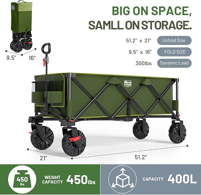 TIMBER RIDGE 51.2" Extended Collapsible Wagon - Heavy-Duty Utility Cart with All-Terrain Wheels, Brakes & Cargo Net, 400L Capacity for Camping, Sports & Shopping, Green