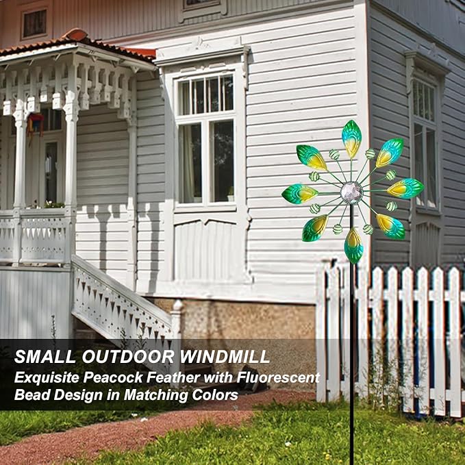 Metal Peacock Wind Spinner for Outdoor Garden Decor - 36 Inch Height Feather Wind Catcher with Stake, Lawn & Patio Art, Weather-Resistant Yar