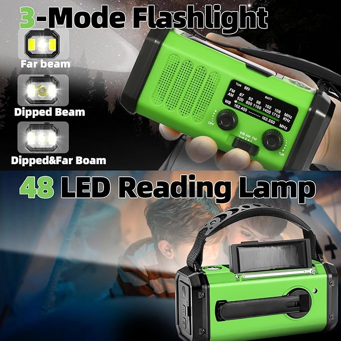 Hand Crank Emergency Radio,37000mWhSolar Powered Hand Crank Portable NOAA AM FM Weather Radio with 3Mode Flashlight and Reading Light,Cell Phone Charger,Home and Emergency Distress Signal (Green)