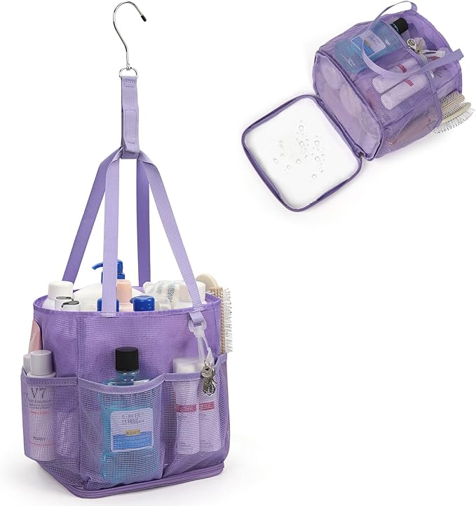 Mesh Shower Caddy Portable for College Dorm Room Essentials, Shower Tote Bag with Hanging Hook and Drawstring, Quick Dry Toiletry Bag with 6 Pockets for Bathroom, Swimming, Gym, Camping, Beach, Travel