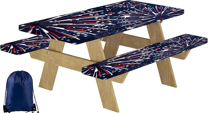 CAPSCEOLL Picnic Table Cover with Bench Covers 4Th of July Waterproof Camping Tablecloth All-Weather Outdoor Table Protector with Drawstring Bag for Camping Essentials, 72X30in, Fireworks