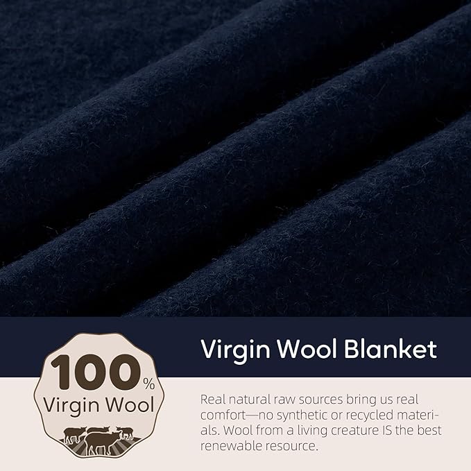 100% Wool Blanket, 48" x 62", Warm, Thick, Washable, Military Wool Blanket, Great for Camping, Outdoors, Sporting Events, Survival Kits,Navy