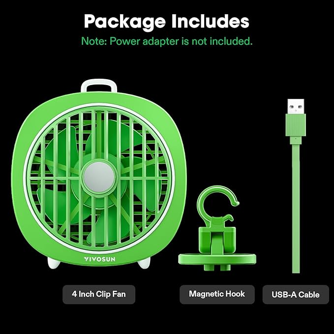 VIVOSUN AeroWave D4, 4” Grow Tent Clip Fan with Magnetic Hook, 3-Speed Strong & Quiet Airflow, Adjustable Airflow Angle for Hydroponics, Circulation & Cooling, Green, 1-Pack