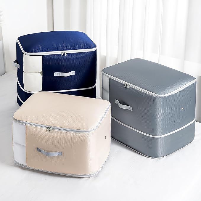 Comforter Storage Bag - 130L Blanket Storage Bags 3-Layer Ultra Space Saving Self Compression Organizer, Washable Compression Bags for Storage Comforter Blanket, 4-Pack, Navy Blue