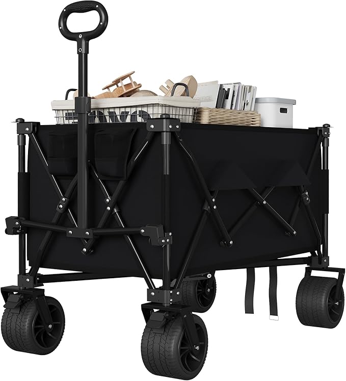 Heavy Duty Foldable Wagon for Beach, Extra Large Collapsible Foldable Wagon for Camping, All Terrain Beach Wagons Extended with Cup Holders for Sand