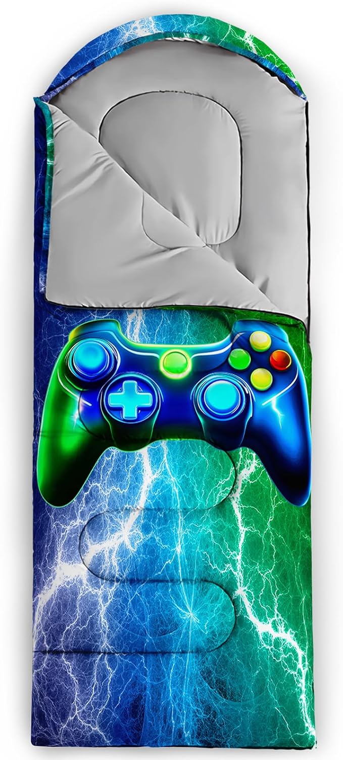 Axolotl Blue Gamepad Sleeping Bag,Waterproof Lightweight Gaming Sleeping Bag Game Console Camping Bag for Boys Teens,Warm and Cool Weather Green Portable Sleeping Bag for Camping Outdoor Indoor