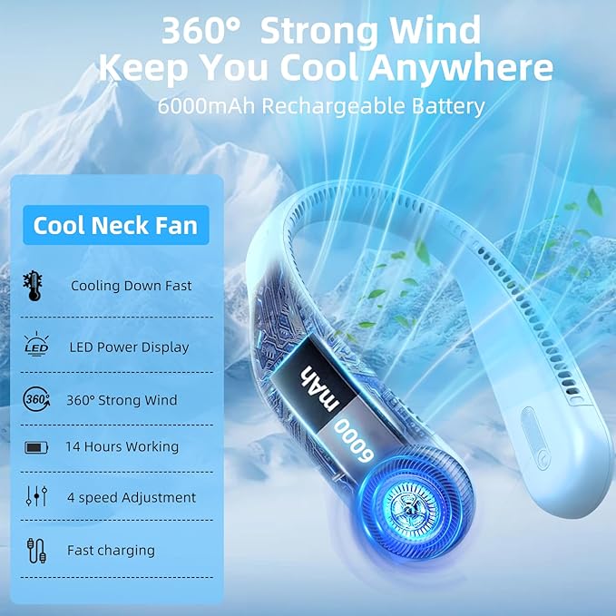 Portable Neck Fan,Gift Ideas,Personal Wearable Bladeless Fan,360° Cooling,LED Display,4-Speeds,6000mAh Rechargeable,Powerful Wind,Outdoor Travel Camping,Birthday Gifts for Men Women (Light blue)