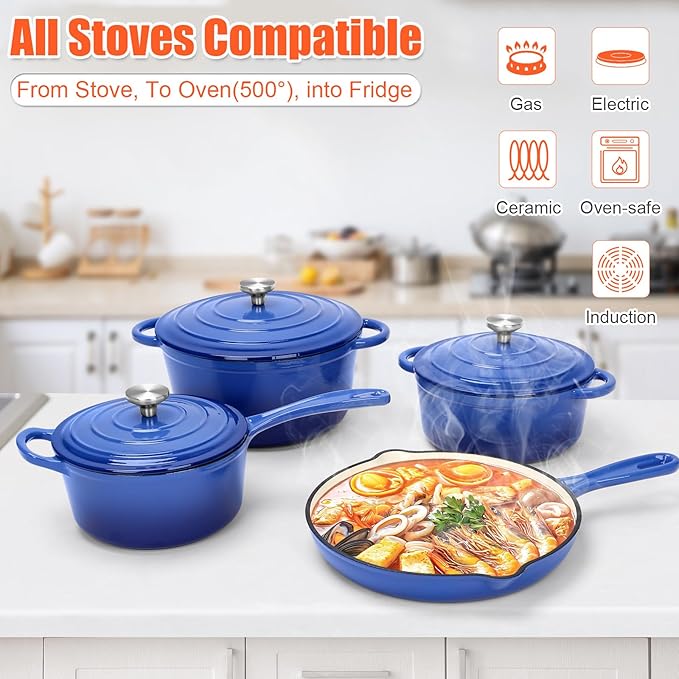 Nonstick Enameled Cast Iron Cookware Set, 7-Pcs Pots and Pans with Lid, Skillet, Frying Pan, Saucepan & Dutch Oven for All Stovetops, PFA Free - Ideal for Sourdough Bread Baking, Cobalt Blue
