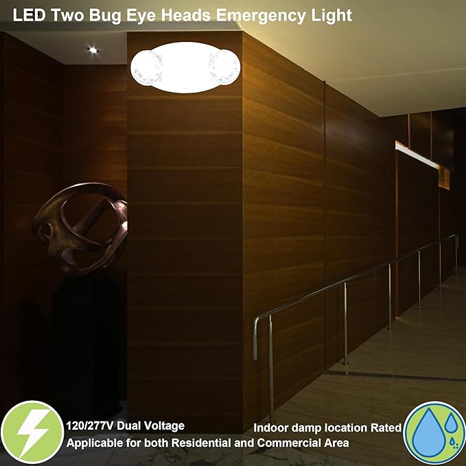 LIT-PaTH LED Emergency Lighting Fixtures with 2 LED Bug Eye Heads and Back Up Batteries- US Standard Exit Light, UL 924 and CEC Qualified, 120/277 Voltage, White, 12-Pack