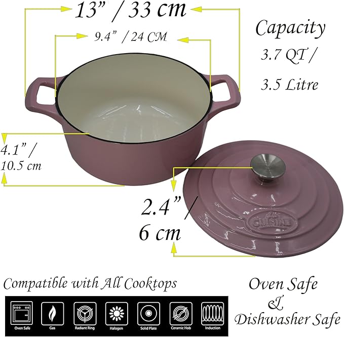 La Cuisine Enameled Cast Iron Dutch Oven Casserole Dish Pot with Lid, 3.7 QT 9.5" /24cm Dia. Cream White Enamel Coating Interior, Pink Enamel Coating Exterior, Oven-Safe up to 500° F