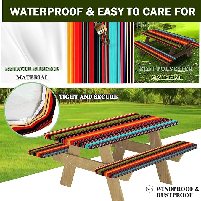 CAPSCEOLL Fitted Picnic Table Cover with Bench Covers with Elastic 8Ft Waterproof Camping Picnic Table Cover Cloths for Outdoors Camping Tablecloth with Drawstring Bag, 96X30in, Colorful Stripes
