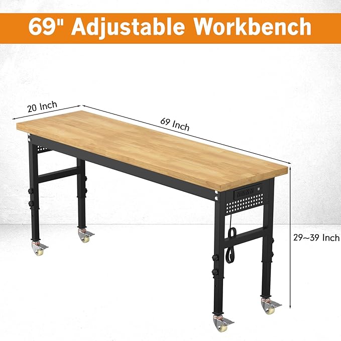 70" Heavy Duty Solid Wood Work Bench with Pegboard, Adjustable Height Workbench with Wheels and Power Outlets, 2000 LBS Capacity Work Table for Garage, Workshop, Office, Home