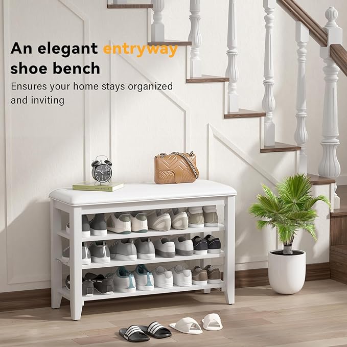 Entryway Shoe Storage Bench with Leather Cushion, Shoe Organizer Bench for Entryway, Ideal for Hallways Front Doors Entrances Mudrooms Featuring Rubberwood And 3 Height-Adjustable & Removable Shelve