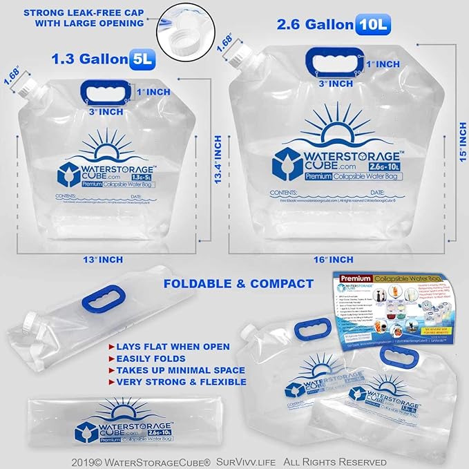 WaterStorageCube 3pc/5pc Premium Collapsible Water Container Bundle Cube + Bag, No BPA Camping Drink Storage Carrier Jug for Outdoors Hiking Backpack & Survival, No-Leak Foldable Portable & Freezable
