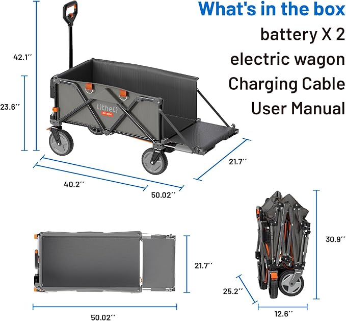 Litheli Electric Utility Wagon Cart, 200L Capacity, 300 lbs Load, Foldable Heavy-Duty Design with All-Terrain Wheels, Variable Speed Drive & Battery Power for Camping, Beach, Garden & Shopping