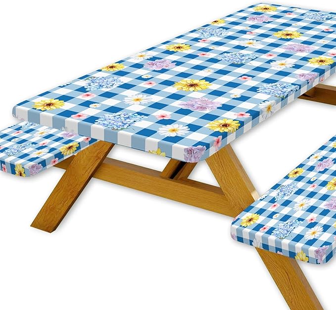 DYNH 3 Pcs Picnic Table Cover with Bench Covers, Waterproof Reusable Elastic Fitted Tablecloths for 8Ft Rectangle Tables, Washable Floral Plaid Tablecloth for Camping,Outdoor Essentials,30X96IN