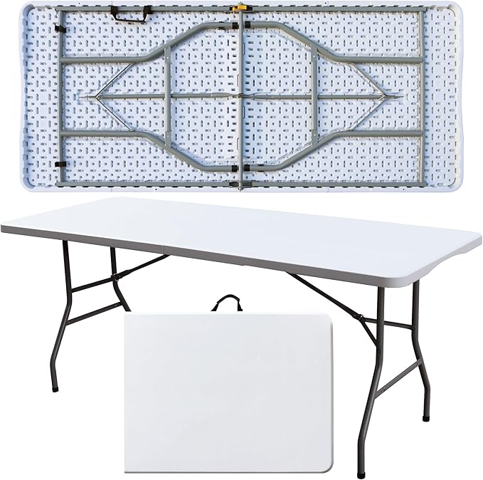 Foldable Table, Plastic 6FT Folding Table, Indoor Outdoor Portable Utility Table with Handle for Party, Camping and Picnic, White