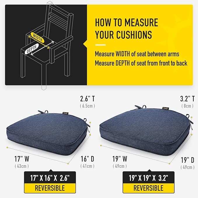 SUNROX Gel Memory Foam Chair Cushions, FadeShield Water-, Stain-Resistant Durable Reversible Seat Cushion Pads with Ties for Indoor/Outdoor Kitchen Dining Office, 19"x19", Set of 2, Heather Indigo