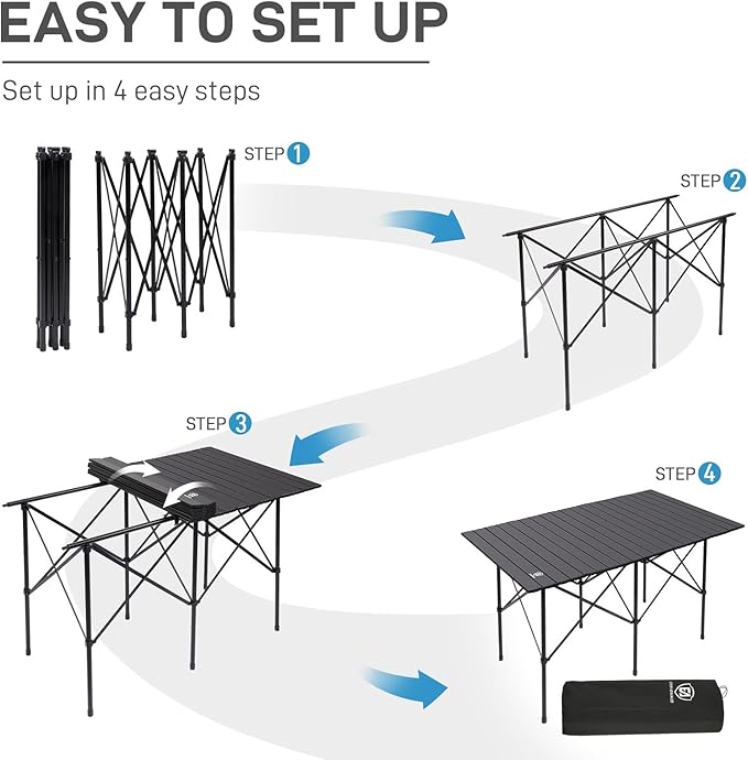 EVER ADVANCED Camping Table, Fold up Lightweight, 4-6 Person Portable Roll up Aluminum Table with Carry Bag for Outdoor, Support Up to 110LBS, Black