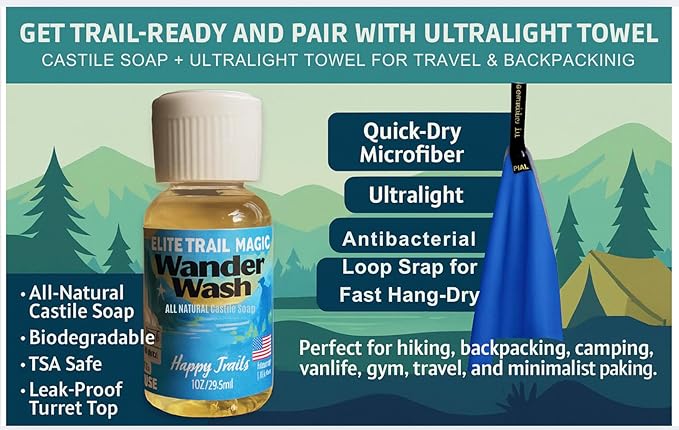 Wander Wash & Microfiber Towel Set – 1oz All-Natural Biodegradable Castile Soap + Fast-Drying Travel Towel – Lightweight, Unscented, Compact for Hiking, Camping, Backpacking