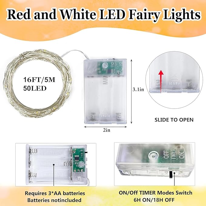 4-Pack Red and White Fairy Lights Battery Operated with Timer, Waterproof 16FT 50 LED String Lights Outdoor Indoor, Christmas Lights for Bedroom Home Wedding Birthday Xmas Parties and Centerpieces