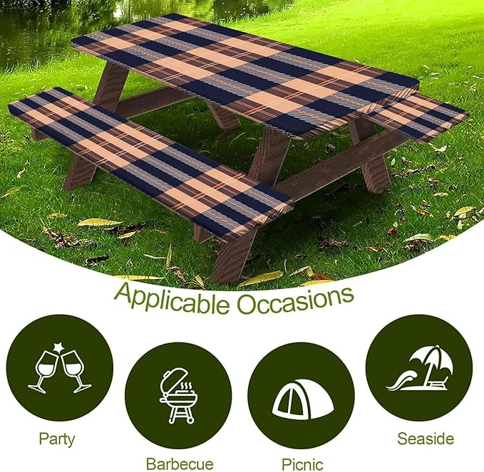 CAPSCEOLL Fitted Picnic Table Cover with Bench Covers with Elastic 6Ft Waterproof Camping Picnic Table Cover Cloths for Outdoors Camping Tablecloth with Drawstring Bag, 72X30in, Autumn Plaid