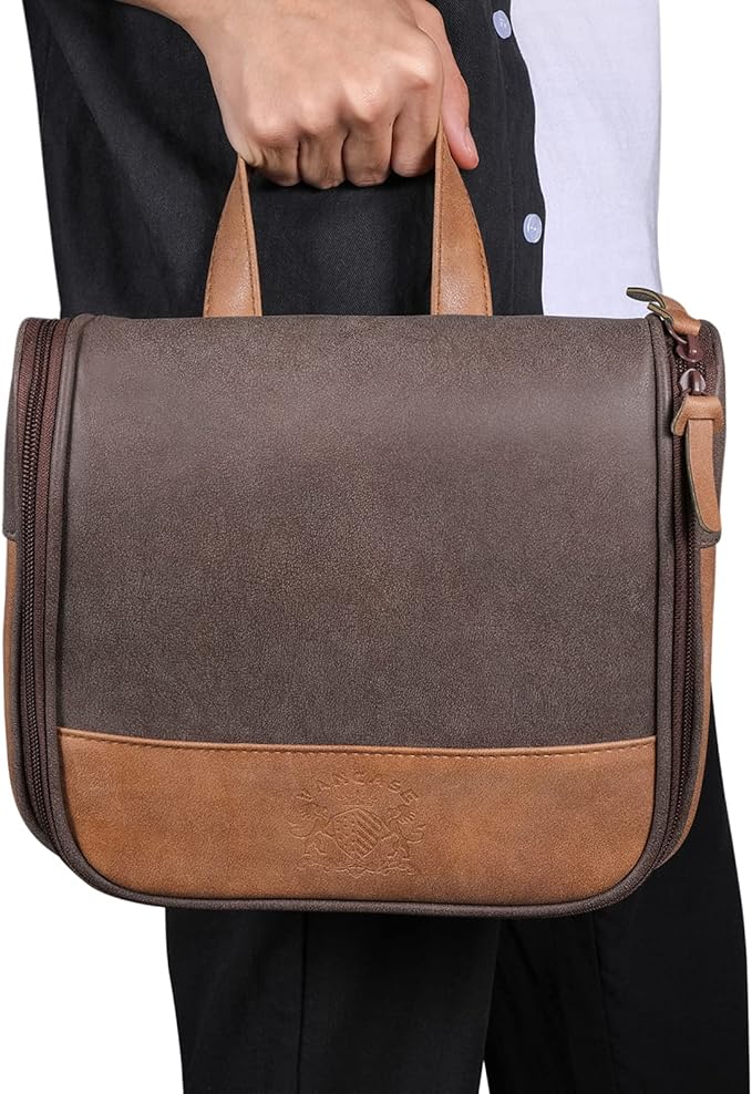 Hanging Toiletry Bag for Men VANCASE Vintage Leather Shaving Dopp Kit Medium Waterproof Travel Bathroom Bags Portable Shower Organizer