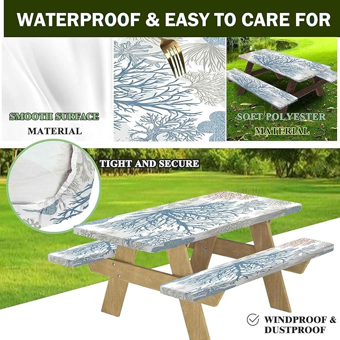 CAPSCEOLL Fitted Picnic Table Cover with Bench Covers with Elastic 8Ft Waterproof Camping Picnic Table Cover Cloths for Outdoors Camping Tablecloth with Drawstring Bag, 96X30in, Blue Sea