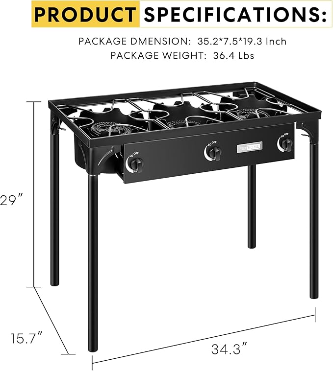 VIVOHOME 225,000 BTU Outdoor 3-Burner Propane Gas Stove, Heavy-Duty Camping Cooker with Detachable Legs Stand, Ideal for Backyard, Camping, and Outdoor Cooking