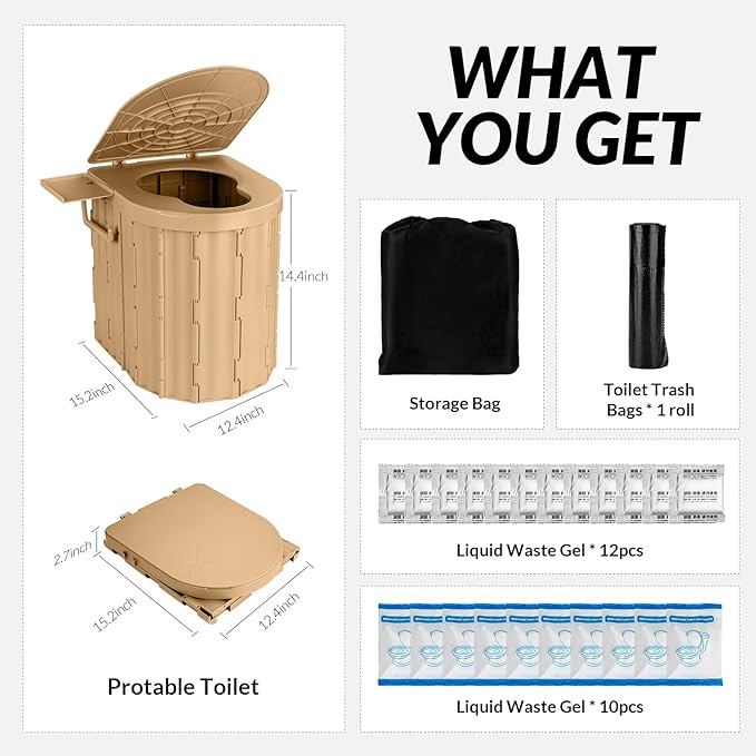 Portable Toilet, Upgraded 15'' Camping Toilet for Adults with Lid, Folding Toilet with Removable Paper Holder, Travel Portable Potty for Camping, Hiking, Roadtrip, Tent, Truck Drivers
