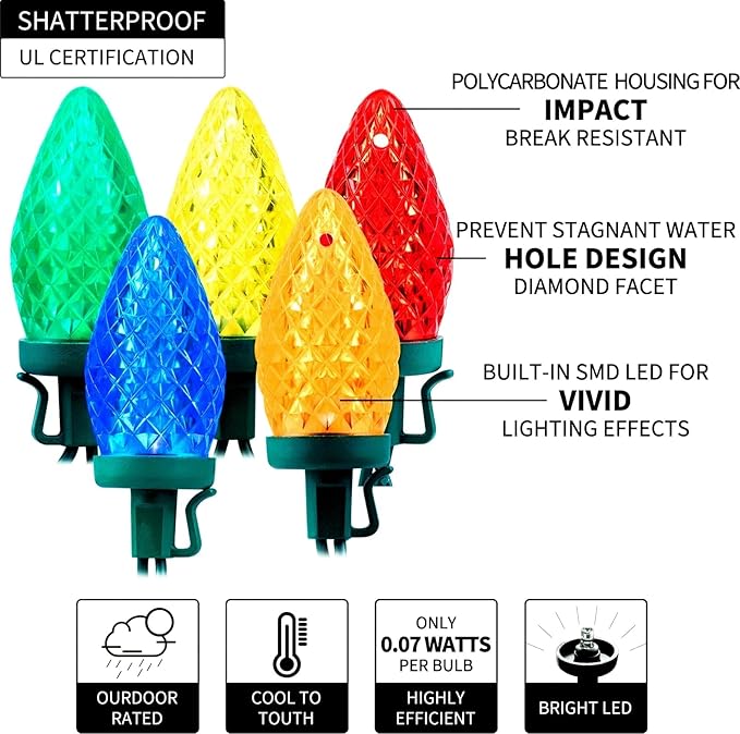 C9 LED Christmas Lights Outdoor, 81 Feet 100 LED String Light with Timer & 8 Lighting Mode, Waterproof Commercial Grade Christmas Tree Lights for Outside Indoor Roofline Patio, Multicolor