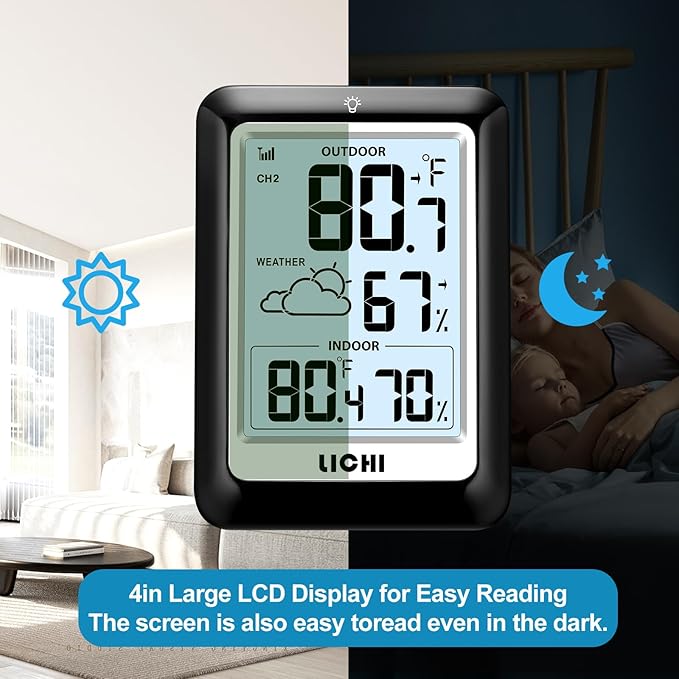 Indoor Outdoor Thermometer Wireless Weather Station, Internal External Thermometer Hygrometer, Home Batteryoperated Temperature Humiditymonitors330 Feet (About 100 Meters) Backlight Display