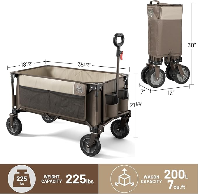 TIMBER RIDGE Collapsible Outdoor Folding Wagon Cart Heavy Duty Camping Patio Shopping Garden Cart with Side Bag Cup Holder, Tan