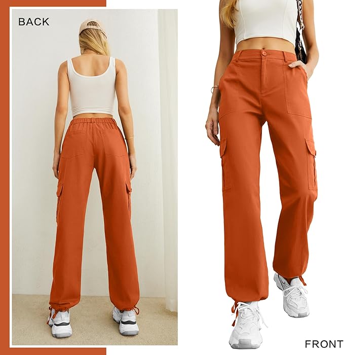 Lepunuo Women's High Waisted Cargo Pants Travel Y2K Streetwear Baggy Stretchy Pants with 6 Pockets Drawstring Ankle Cuffs