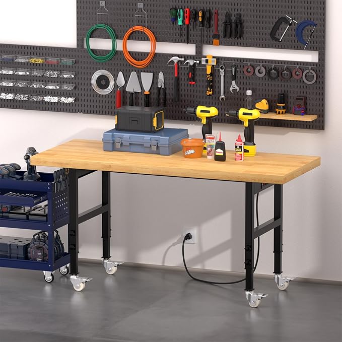 60" Adjustable Height Workbench with Wheels, Heavy-Duty Solid Wood Work Table with Power Outlets, 2000 LBS Capacity Workstation for Garage, Workshop(60" X 24")