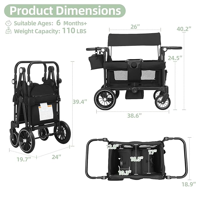 Wagon Stroller for 2 Kids, All-Terrain Stroller Wagon, Foldable Kids Wagon Cart Featuring with Harnesses, Adjustable Double Push Handle, Removable Canopy, Snack Tray, Large Storage Bag, Black