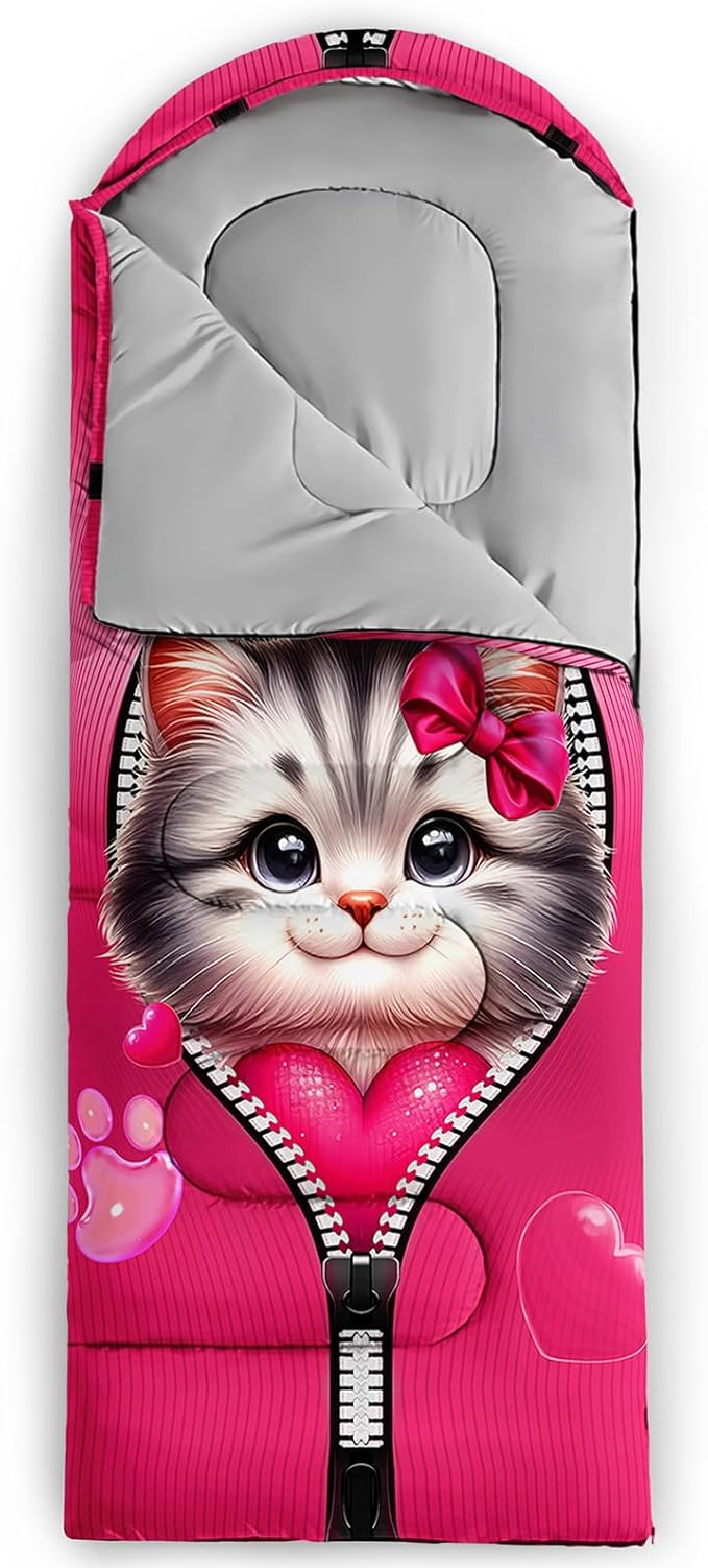 AILONEN Pink Lovely Rabbit Sleeping Bag for Girls Kids Adults,Warm and Cool Weather,Lightweight,Waterproof Backpacking,Cartoon Flowers Printed Bunny Sleeping Bag for Camping