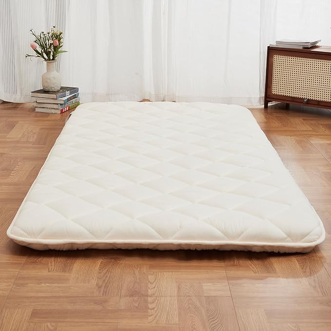 Japanese Floor Futon Mattress, Tatami Mat Sleeping Pad, Shikibuton, Mattresses Topper, Boys Girls Roll Up Dormitory Mattress, Foldable & Portable Floor Lounger Bed, Guest Bed (Cream, Full)